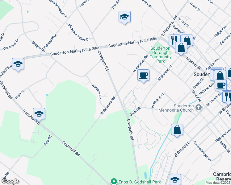 map of restaurants, bars, coffee shops, grocery stores, and more near 356 Cowpath Road in Souderton
