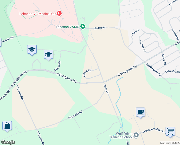 map of restaurants, bars, coffee shops, grocery stores, and more near 24 Falcon Circle in Lebanon