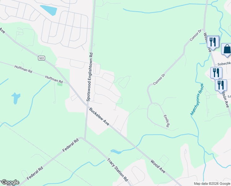 map of restaurants, bars, coffee shops, grocery stores, and more near 11 McBride Road in Manalapan Township