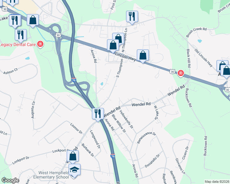 map of restaurants, bars, coffee shops, grocery stores, and more near 191 South Thompson Lane in Irwin