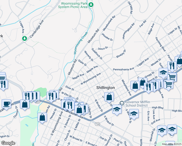 map of restaurants, bars, coffee shops, grocery stores, and more near 530 State Street in Shillington
