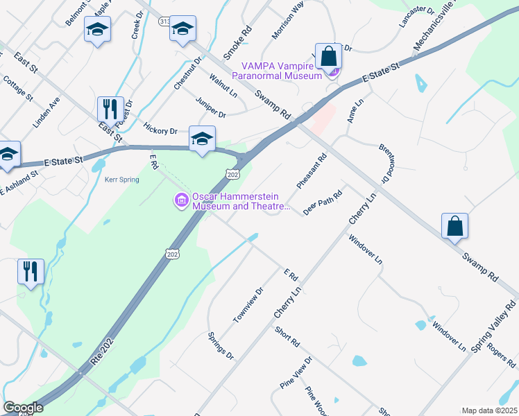map of restaurants, bars, coffee shops, grocery stores, and more near 83 Pheasant Road in Doylestown
