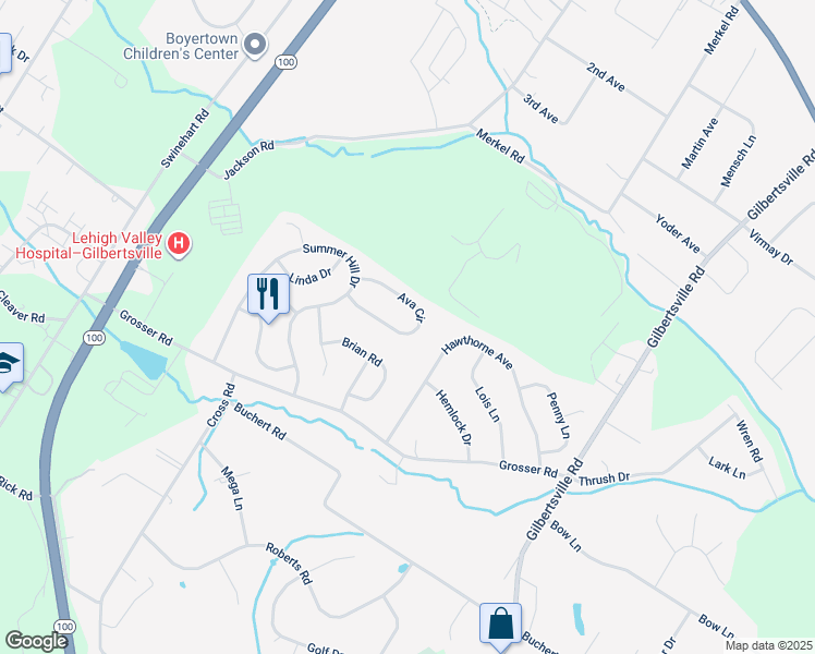 map of restaurants, bars, coffee shops, grocery stores, and more near 65 Ava Circle in Gilbertsville