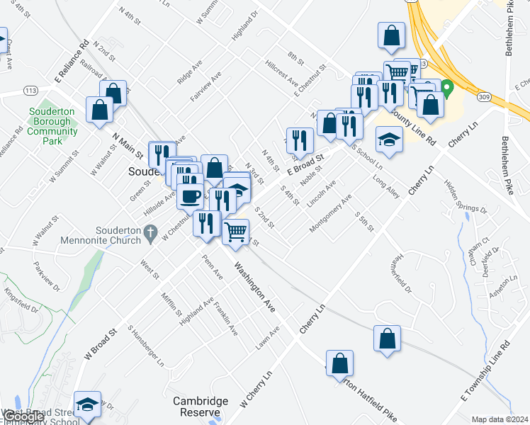 map of restaurants, bars, coffee shops, grocery stores, and more near 203 Noble Street in Souderton