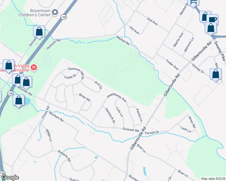 map of restaurants, bars, coffee shops, grocery stores, and more near 126 Hawthorne Avenue in Gilbertsville