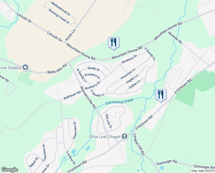 map of restaurants, bars, coffee shops, grocery stores, and more near 123 Primrose Lane in Berks County