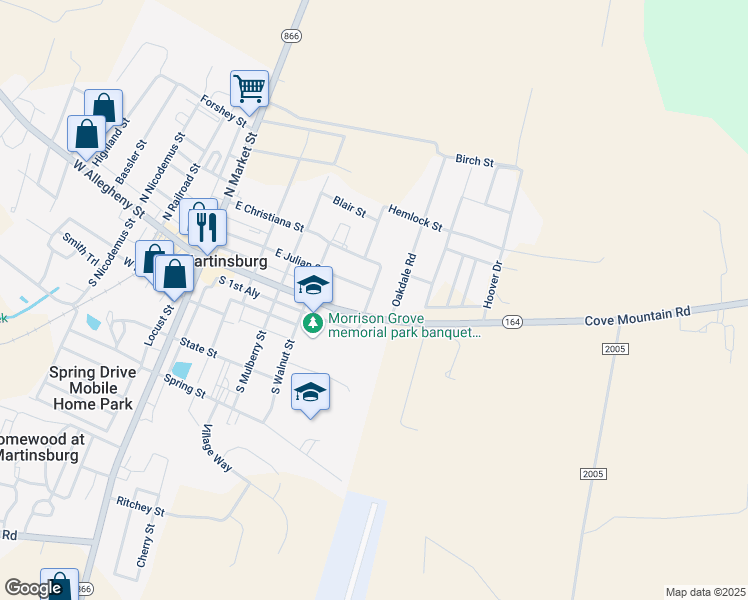 map of restaurants, bars, coffee shops, grocery stores, and more near 106 North Park Street in Martinsburg