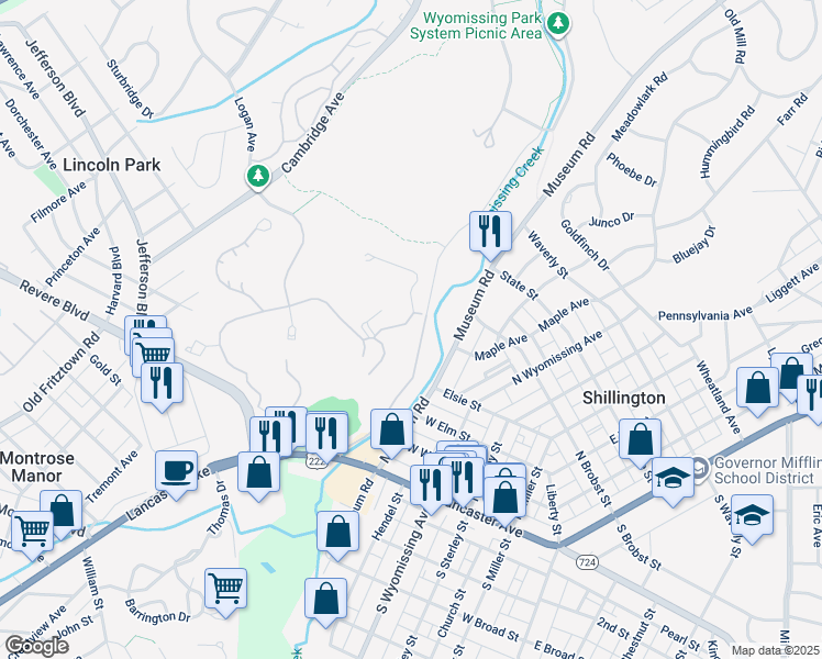 map of restaurants, bars, coffee shops, grocery stores, and more near 1985 Old Wyomissing Road in Reading