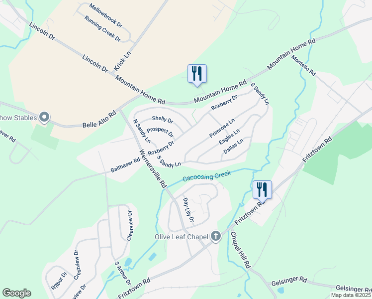 map of restaurants, bars, coffee shops, grocery stores, and more near 123 Primrose Lane in Berks County