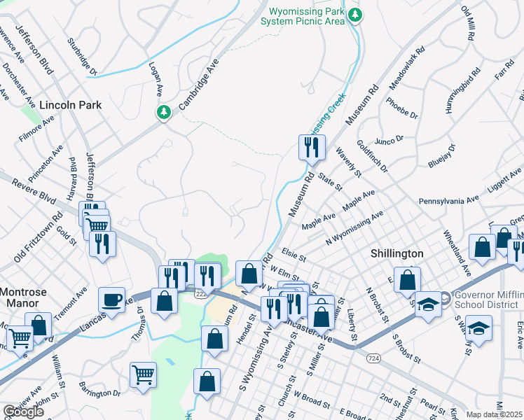 map of restaurants, bars, coffee shops, grocery stores, and more near 1985 Old Wyomissing Road in Reading