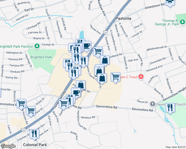 map of restaurants, bars, coffee shops, grocery stores, and more near 5125 Jonestown Road in Harrisburg