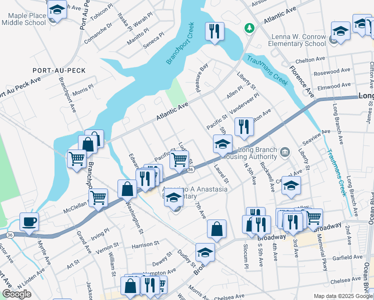 map of restaurants, bars, coffee shops, grocery stores, and more near 193 Ludlow Street in Long Branch