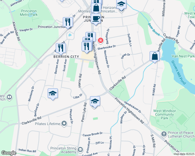 map of restaurants, bars, coffee shops, grocery stores, and more near 90 Princeton Hightstown Road in West Windsor Township