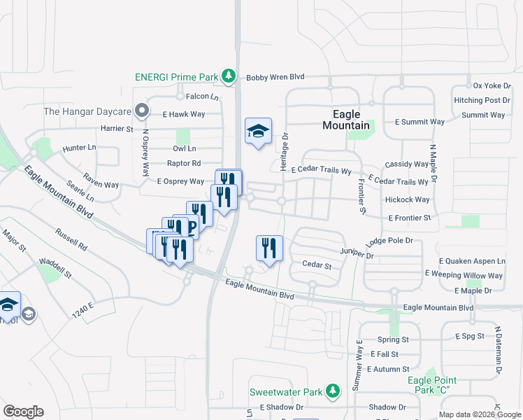 map of restaurants, bars, coffee shops, grocery stores, and more near 1650 Stagecoach Run in Eagle Mountain