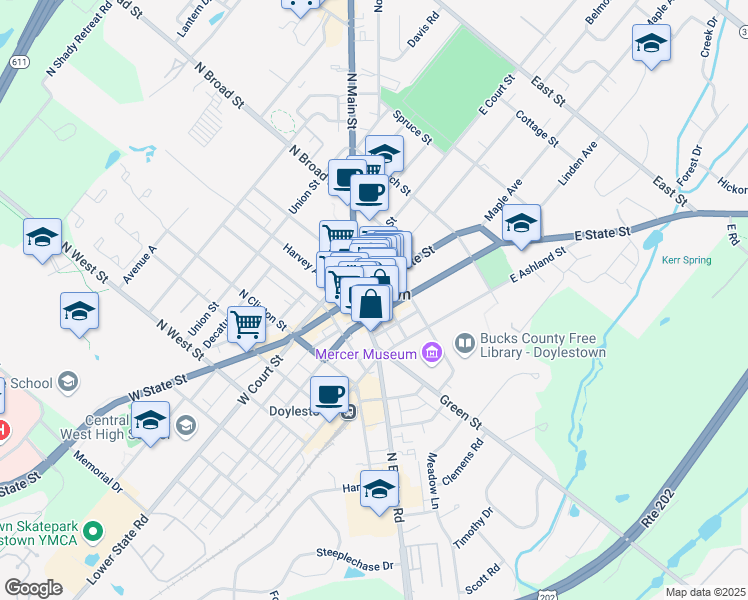 map of restaurants, bars, coffee shops, grocery stores, and more near 30 East Oakland Avenue in Doylestown