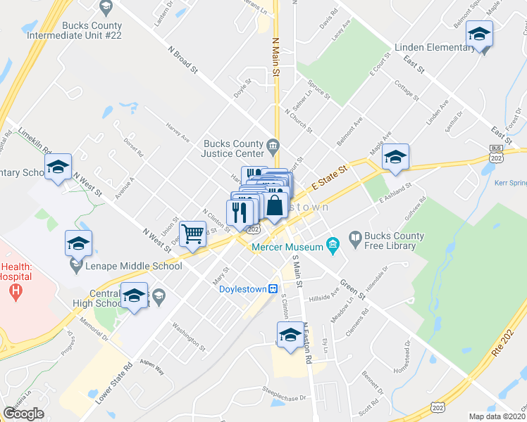 map of restaurants, bars, coffee shops, grocery stores, and more near 53 West State Street in Doylestown