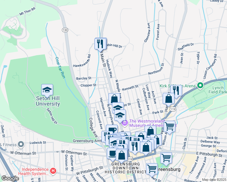 map of restaurants, bars, coffee shops, grocery stores, and more near 445 North Main Street in Greensburg