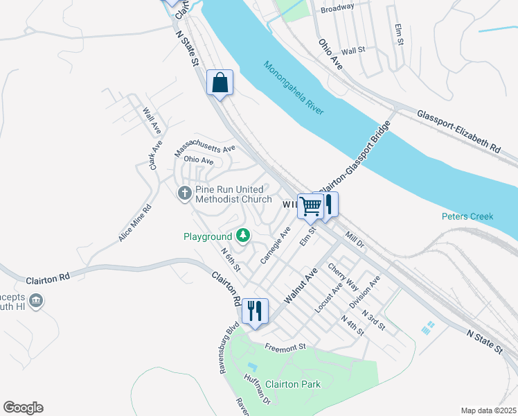 map of restaurants, bars, coffee shops, grocery stores, and more near 207 Pennsylvania Avenue in Clairton