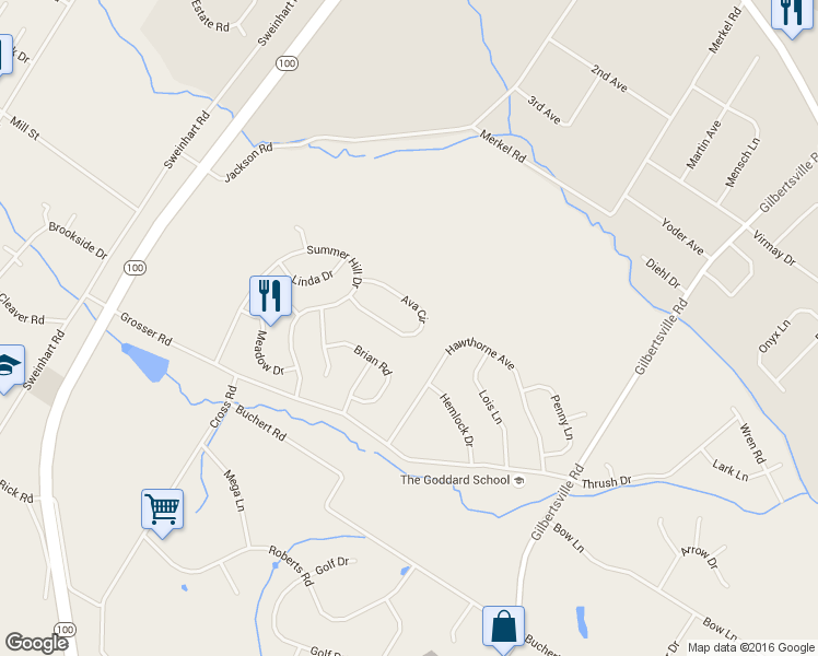 map of restaurants, bars, coffee shops, grocery stores, and more near 65 Ava Circle in Gilbertsville
