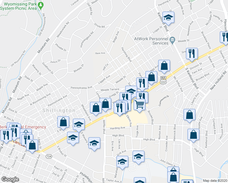 map of restaurants, bars, coffee shops, grocery stores, and more near 537 Gregg Street in Shillington