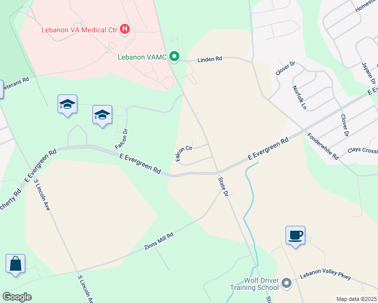 map of restaurants, bars, coffee shops, grocery stores, and more near 24 Falcon Circle in Lebanon