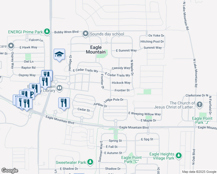map of restaurants, bars, coffee shops, grocery stores, and more near 4313 North Saddle Horn Drive in Eagle Mountain