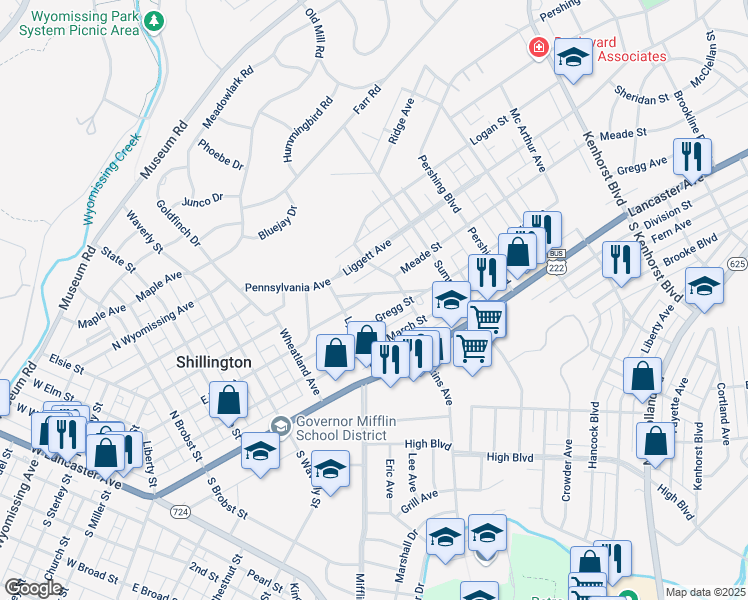 map of restaurants, bars, coffee shops, grocery stores, and more near 524 Sherwood Street in Shillington