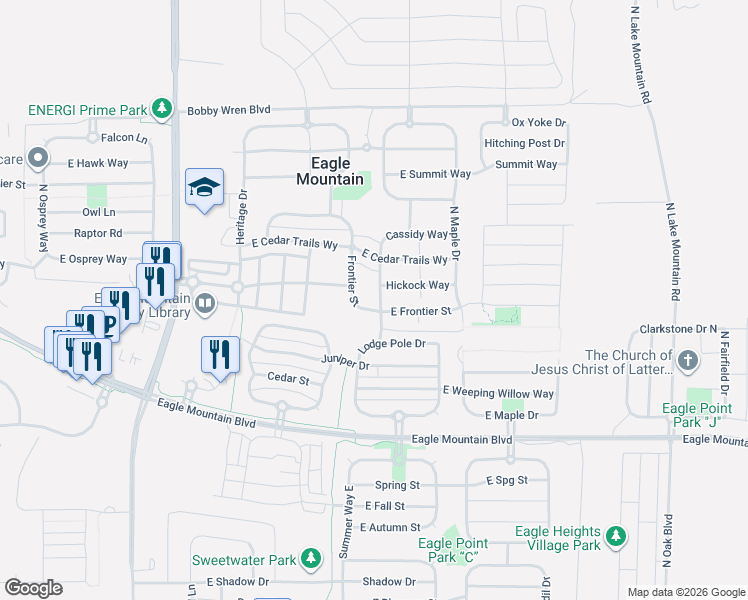 map of restaurants, bars, coffee shops, grocery stores, and more near 4313 North Saddle Horn Drive in Eagle Mountain