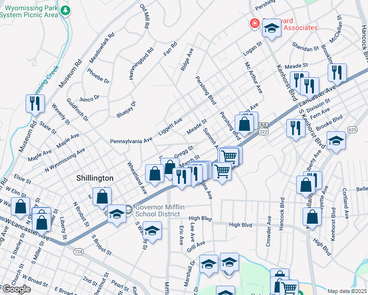 map of restaurants, bars, coffee shops, grocery stores, and more near 537 Gregg Street in Shillington