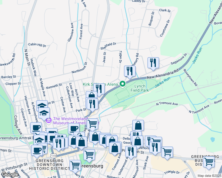 map of restaurants, bars, coffee shops, grocery stores, and more near 526 New Alexandria Road in Greensburg