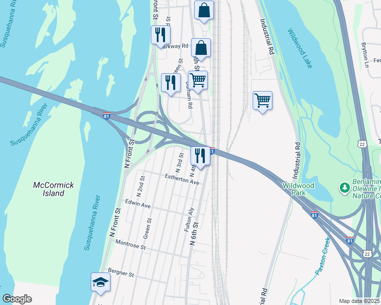 map of restaurants, bars, coffee shops, grocery stores, and more near 3726 Logan Street in Harrisburg