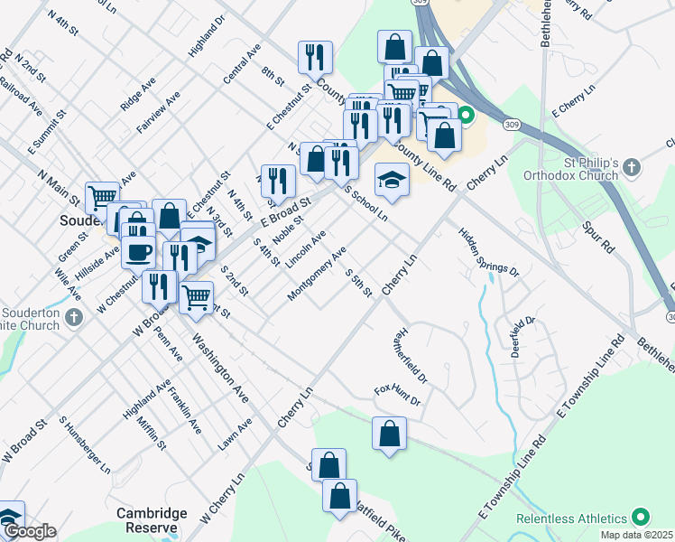 map of restaurants, bars, coffee shops, grocery stores, and more near 148 South 5th Street in Souderton