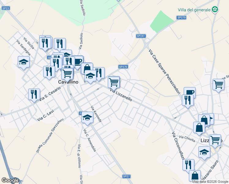 map of restaurants, bars, coffee shops, grocery stores, and more near 110 Via Lizzanello in Cavallino