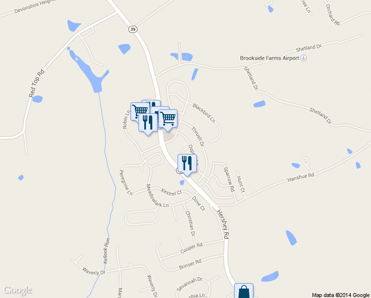 map of restaurants, bars, coffee shops, grocery stores, and more near 104 Hawk Court in Hummelstown