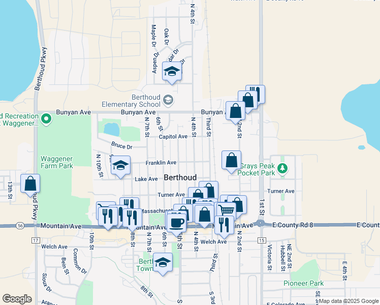 map of restaurants, bars, coffee shops, grocery stores, and more near 906 5th Street in Berthoud