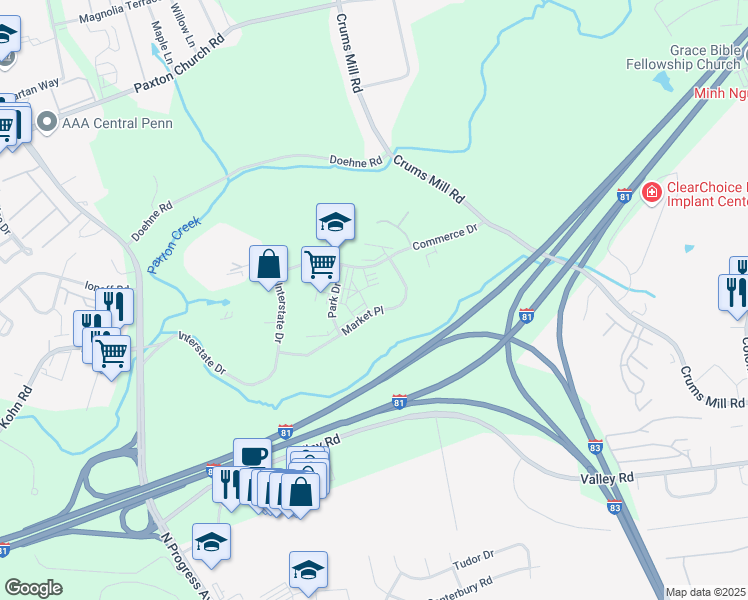 map of restaurants, bars, coffee shops, grocery stores, and more near 2608 Market Place in Harrisburg