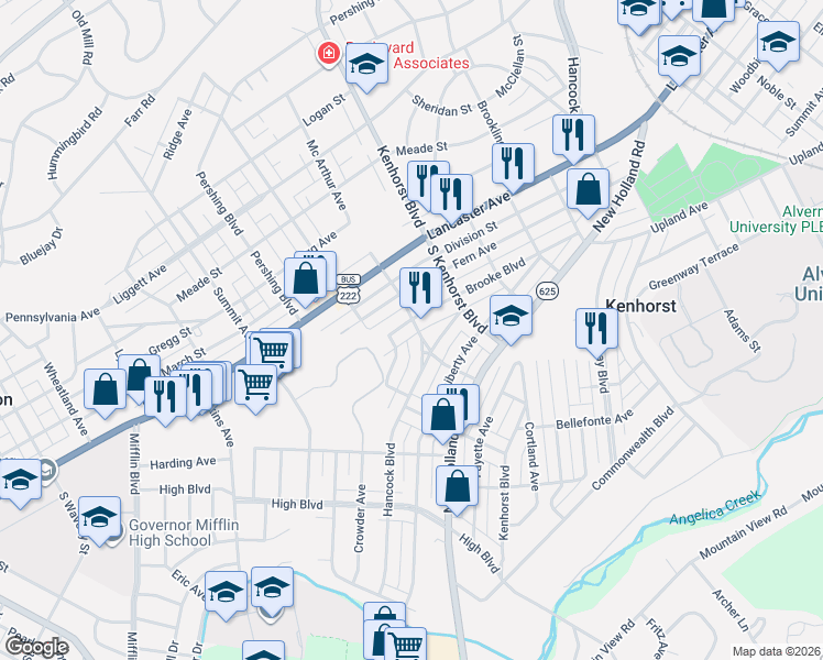 map of restaurants, bars, coffee shops, grocery stores, and more near 1405 Hancock Boulevard in Reading