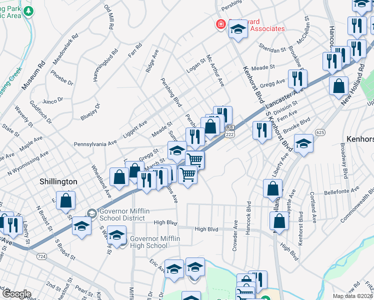 map of restaurants, bars, coffee shops, grocery stores, and more near 1643 Lancaster Avenue in Reading