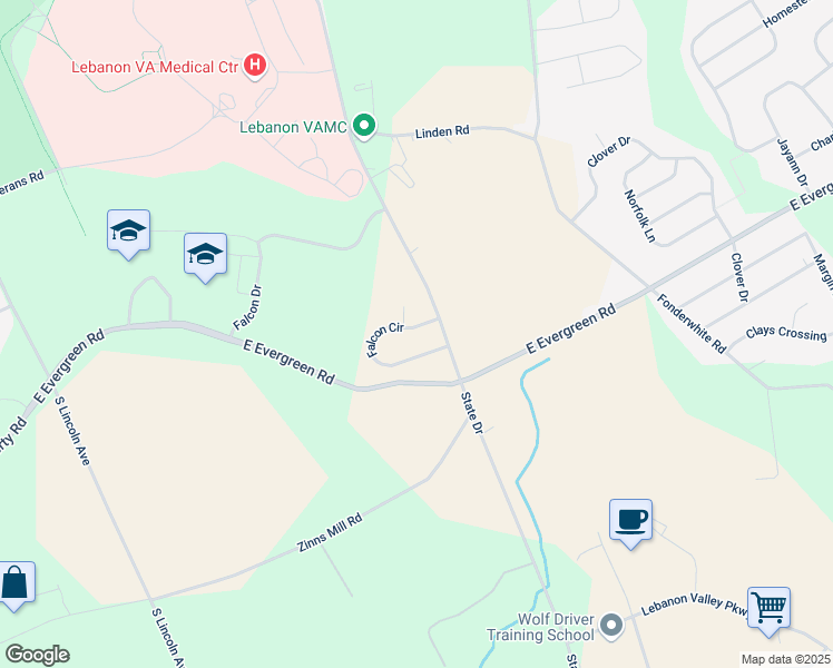 map of restaurants, bars, coffee shops, grocery stores, and more near 10 Falcon Circle in Lebanon