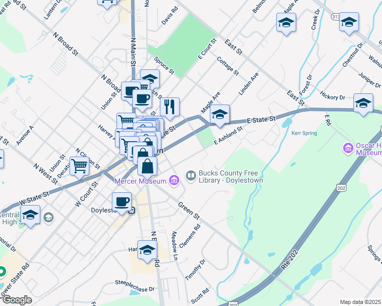 map of restaurants, bars, coffee shops, grocery stores, and more near 155 East Ashland Street in Doylestown