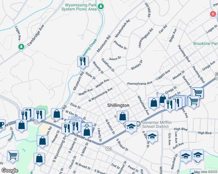 map of restaurants, bars, coffee shops, grocery stores, and more near 500 State Street in Shillington