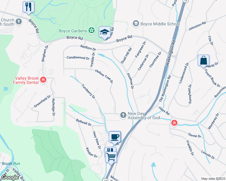 map of restaurants, bars, coffee shops, grocery stores, and more near 1581 Hollow Tree Drive in Pittsburgh