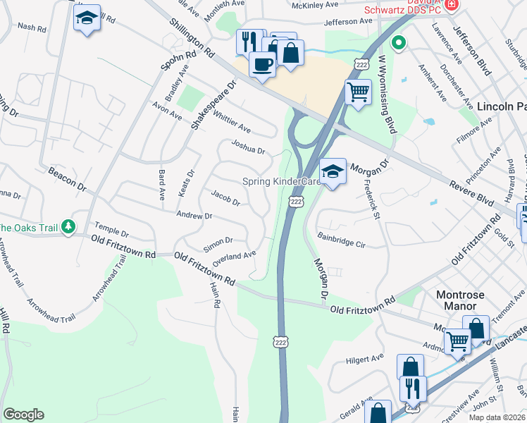 map of restaurants, bars, coffee shops, grocery stores, and more near 2408 Overland Avenue in Sinking Spring
