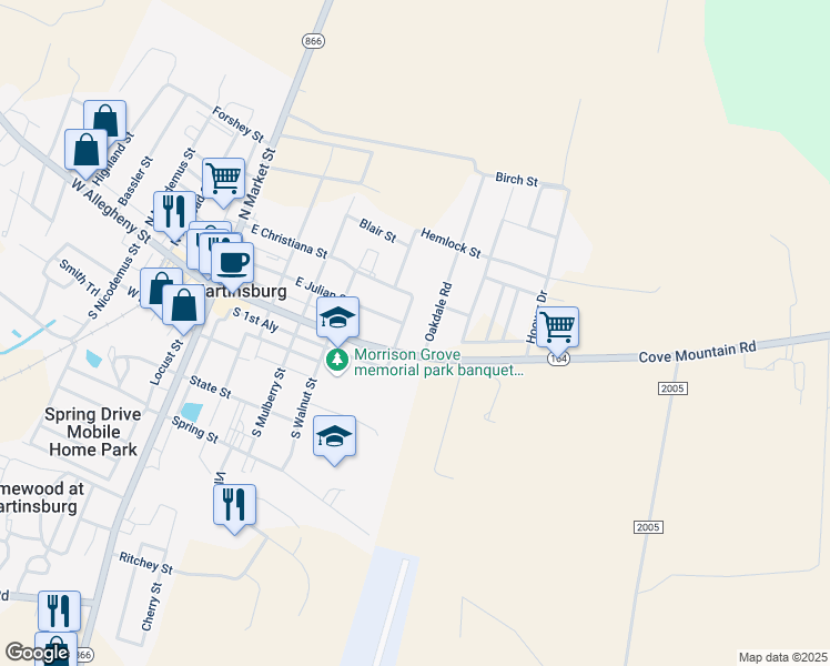 map of restaurants, bars, coffee shops, grocery stores, and more near 106 North Park Street in Martinsburg