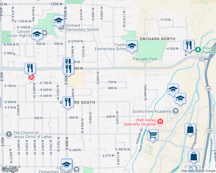 map of restaurants, bars, coffee shops, grocery stores, and more near 1063 680 North in Orem