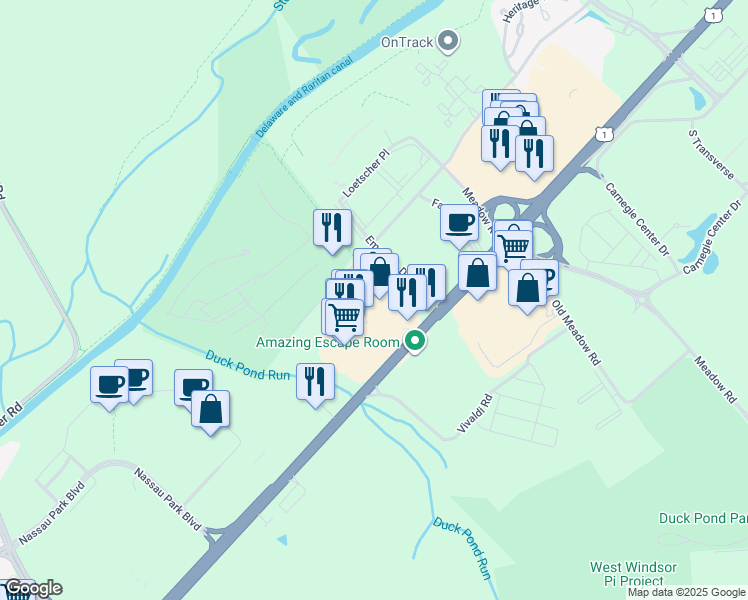 map of restaurants, bars, coffee shops, grocery stores, and more near 3495 U.S. 1 in Princeton