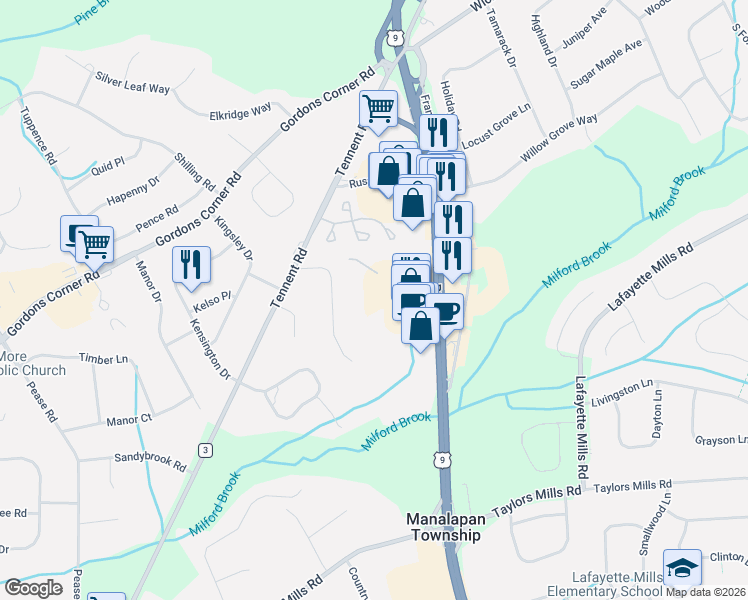 map of restaurants, bars, coffee shops, grocery stores, and more near 84 Drew Court in Manalapan Township