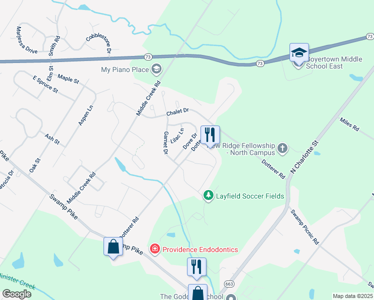 map of restaurants, bars, coffee shops, grocery stores, and more near 132 Dove Drive in Gilbertsville