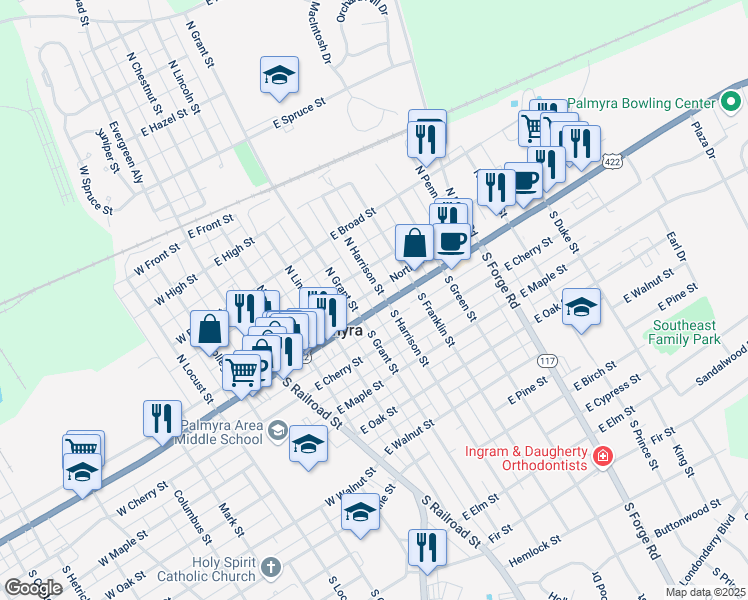map of restaurants, bars, coffee shops, grocery stores, and more near 327 East Main Street in Palmyra