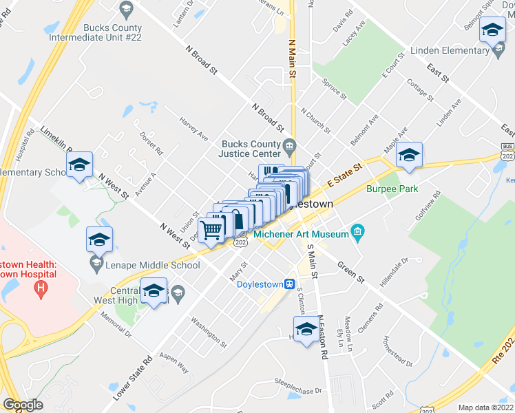 map of restaurants, bars, coffee shops, grocery stores, and more near 84 Wood Street in Doylestown